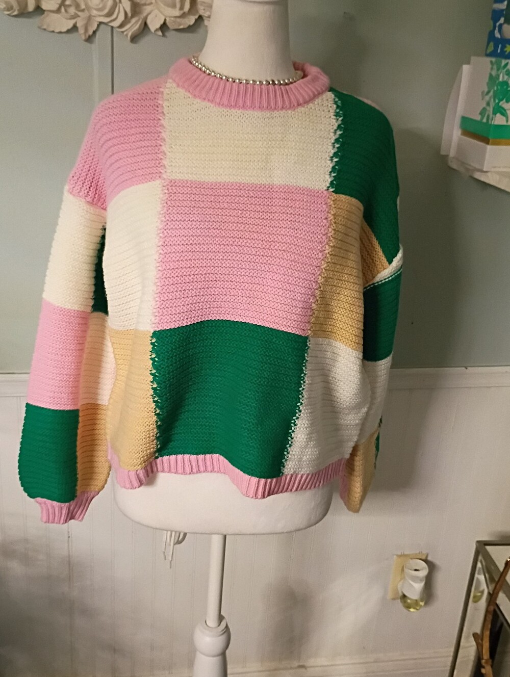 Francesca's Collections Pink, Green, Cream & Yellow Colorblock Crewneck Sweater